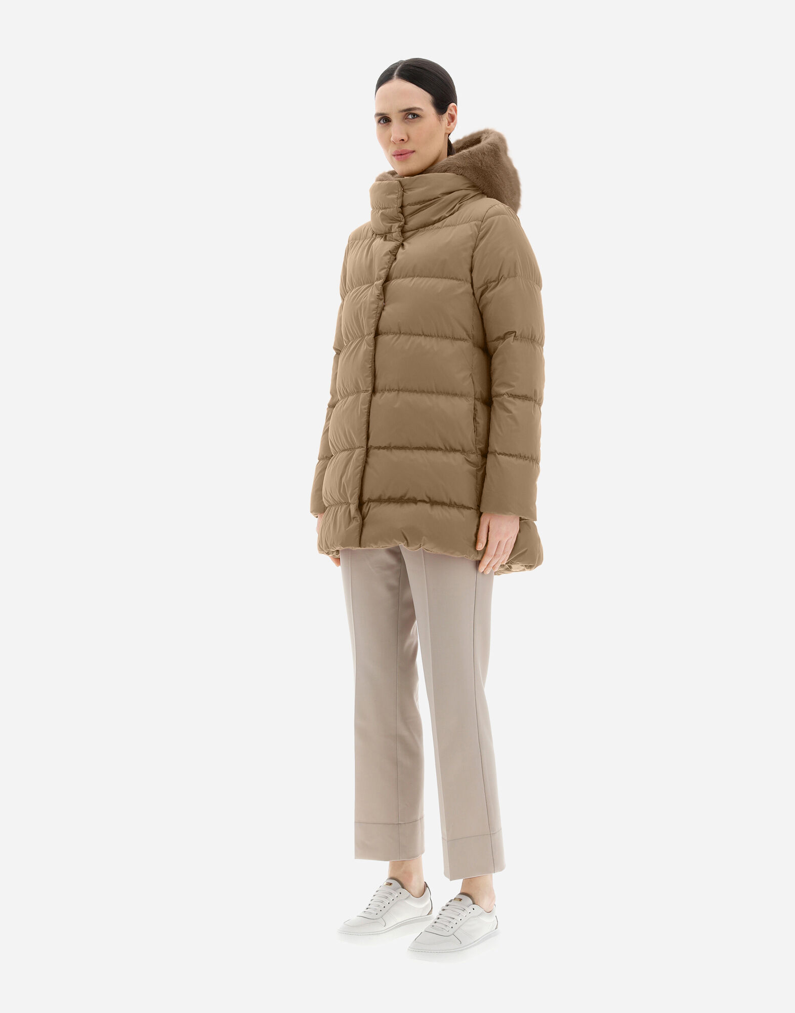 SATIN AND LADY FAUX FUR A-LINE JACKET in Camel | Herno®
