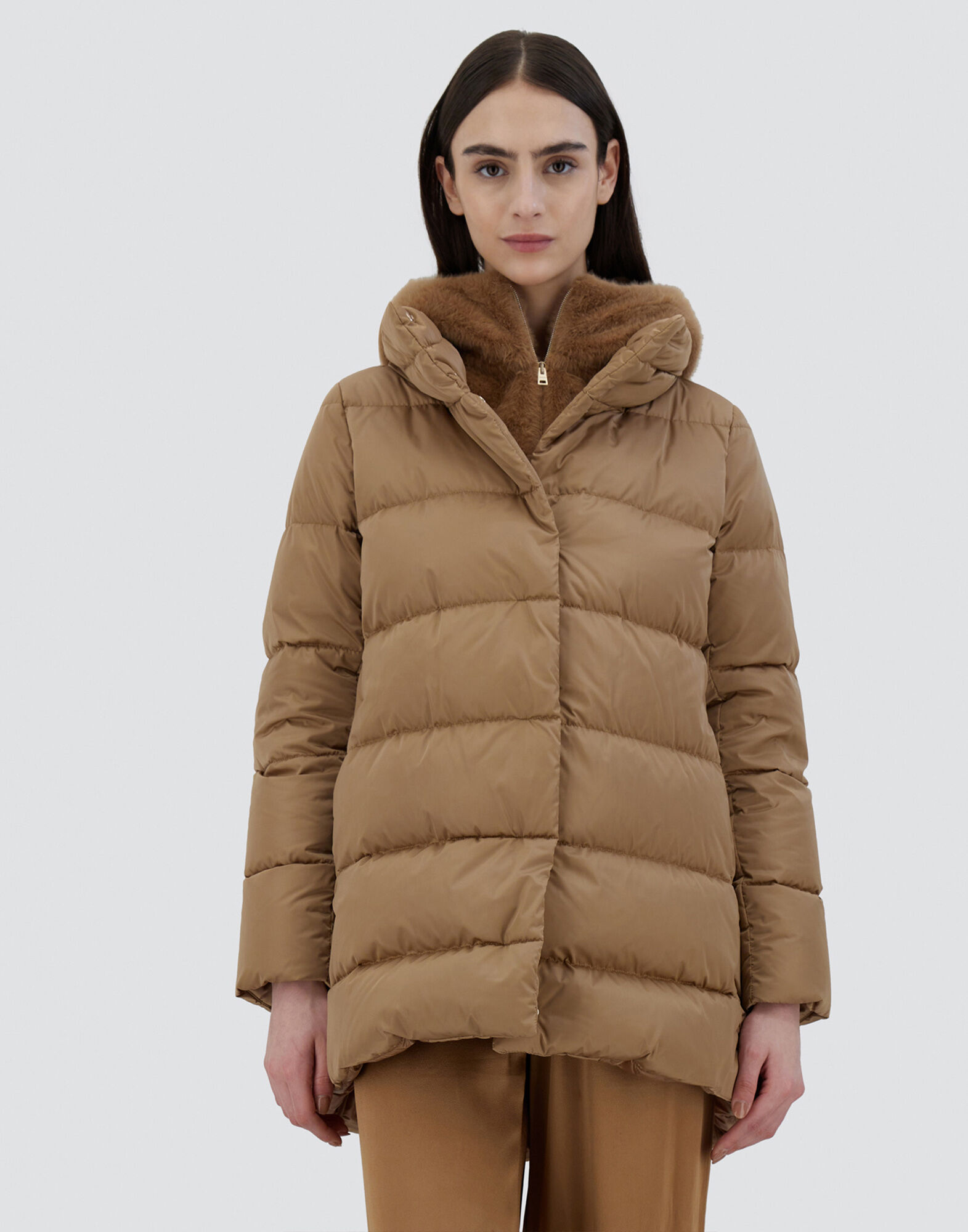 A-SHAPE JACKET IN SATIN AND LADY ALTERNATIVE FUR in Camel for