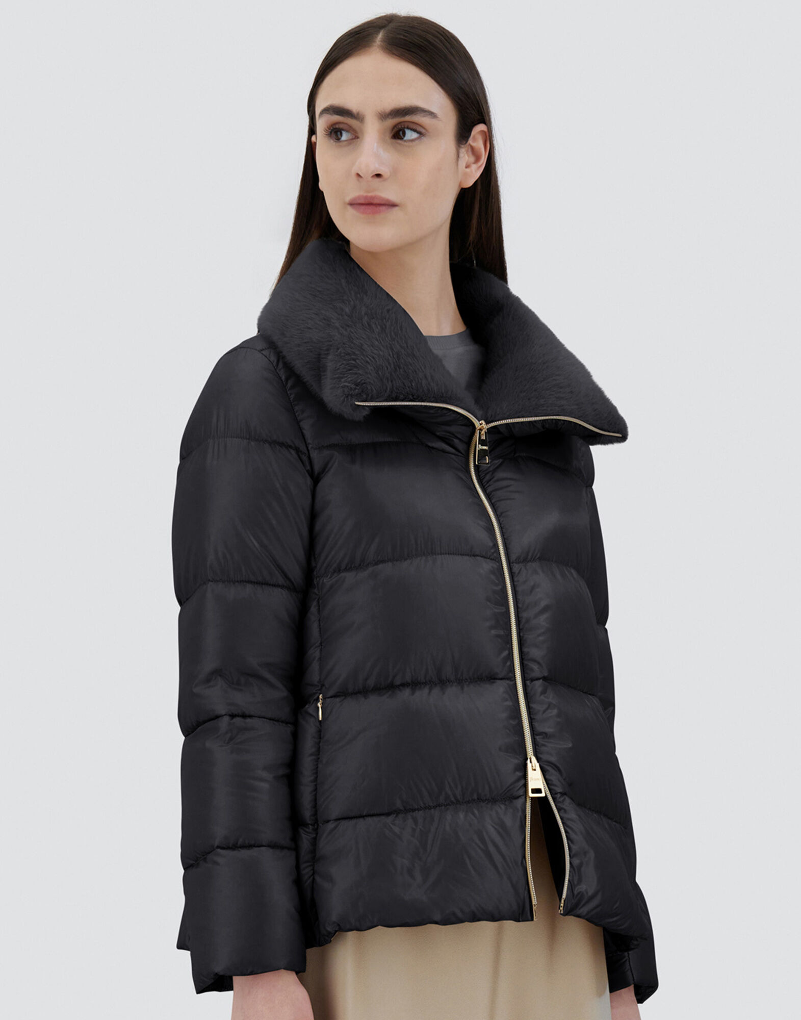 JACKET IN NYLON ULTRALIGHT AND LADY ALTERNATIVE FUR in Black for