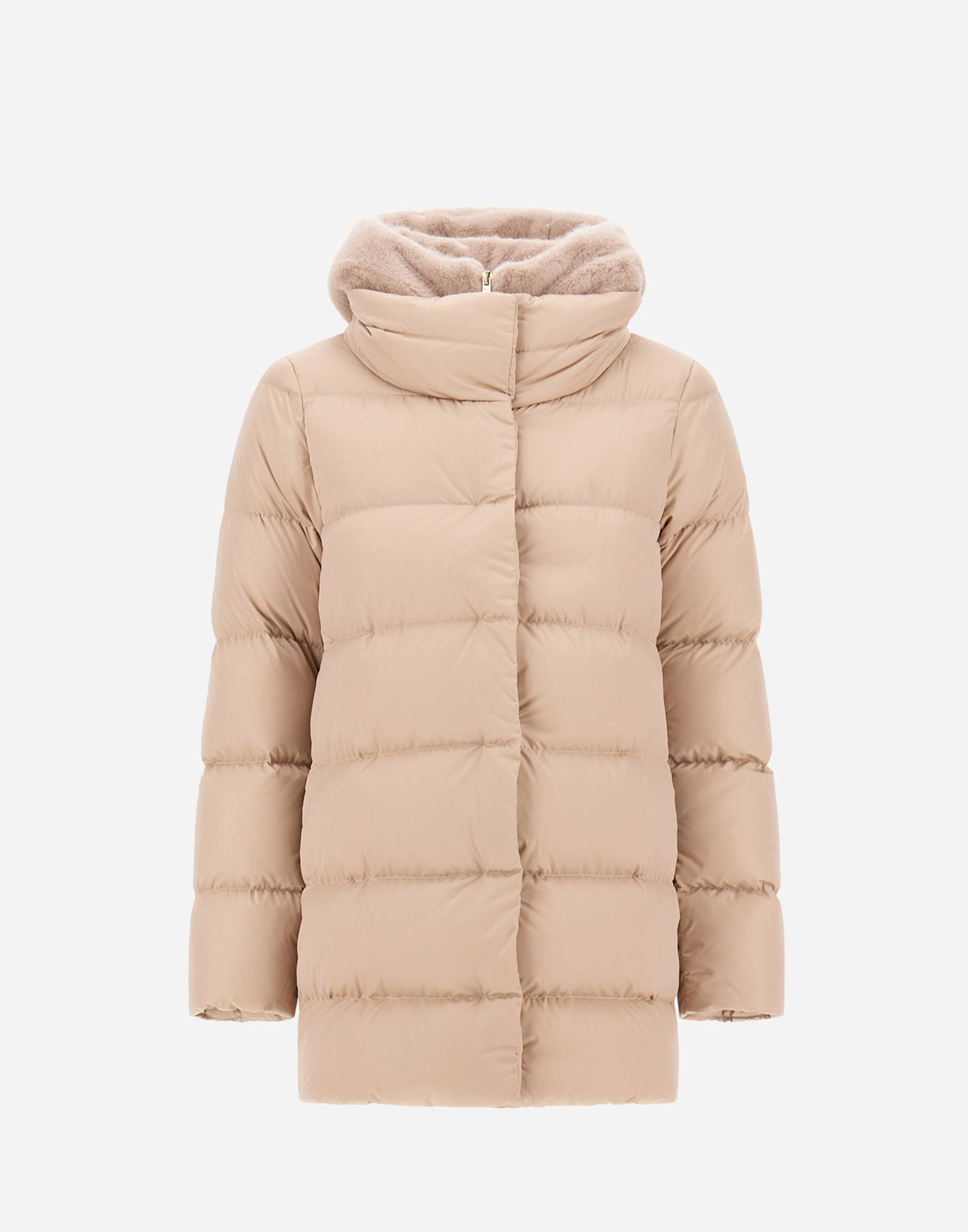 Herno A-shape Jacket In Satin And Lady Alternative Fur In Neutral